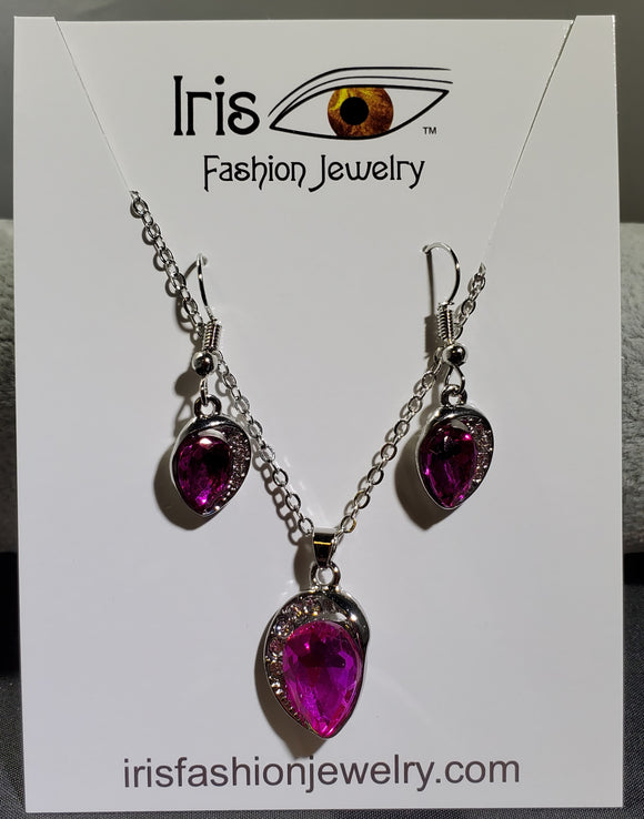 N1552 Silver Hot Pink Gemstone with Rhinestones Necklace with FREE Earrings - Iris Fashion Jewelry