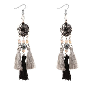E1145 Silver Black Gem Black & Gray Tassel Earrings - Iris Fashion Jewelry