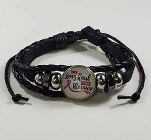 *B749 Black Leather We Long Haul for The Cause Breast Cancer Awareness Bracelet - Iris Fashion Jewelry