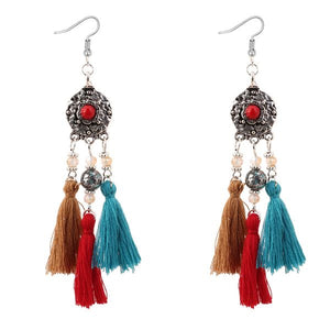 E1144 Silver Red Gem Multi Color Tassel Earrings - Iris Fashion Jewelry