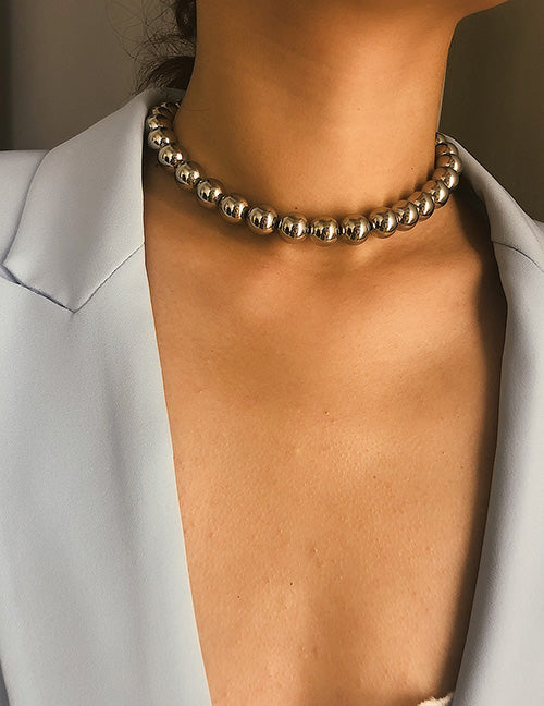 N1108 Silver Ball Choker Necklace with Free Earrings - Iris Fashion Jewelry