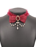 N1269 Gold Red Gemstone Bow Pearls Choker Necklace with FREE EARRINGS - Iris Fashion Jewelry