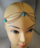H355 Silver Scalloped Chain Turquoise Stone Headdress - Iris Fashion Jewelry