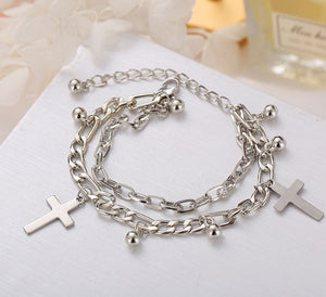 B1240 Silver Cross Charm Multi Layer Bracelet - Iris Fashion Jewelry