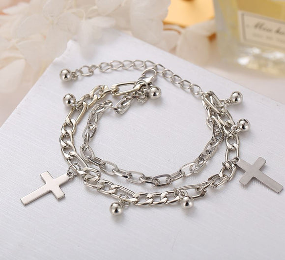 B1240 Silver Cross Charm Multi Layer Bracelet - Iris Fashion Jewelry