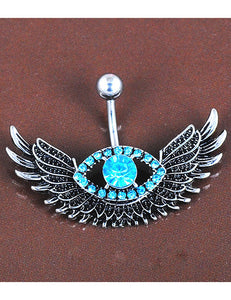 P158 Silver Blue Rhinestone Eye Wings Belly Button Ring - Iris Fashion Jewelry