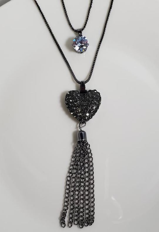 AZ109 Gun Metal Rhinestone Heart Tassel Necklace with FREE EARRINGS - Iris Fashion Jewelry