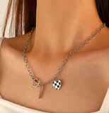 AZ62 Silver Black & White Checkered Heart Necklace with FREE EARRINGS - Iris Fashion Jewelry