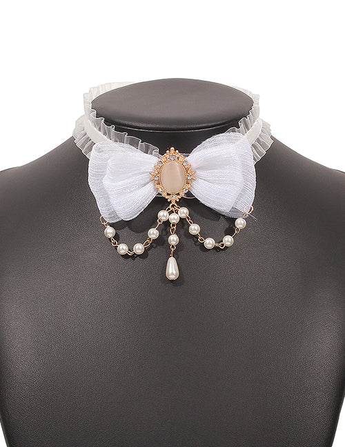N1677 Gold White Moonstone Bow Pearls Choker Necklace with FREE EARRINGS - Iris Fashion Jewelry