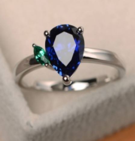 R111 Silver Blue Teardrop with Green Gem Ring - Iris Fashion Jewelry