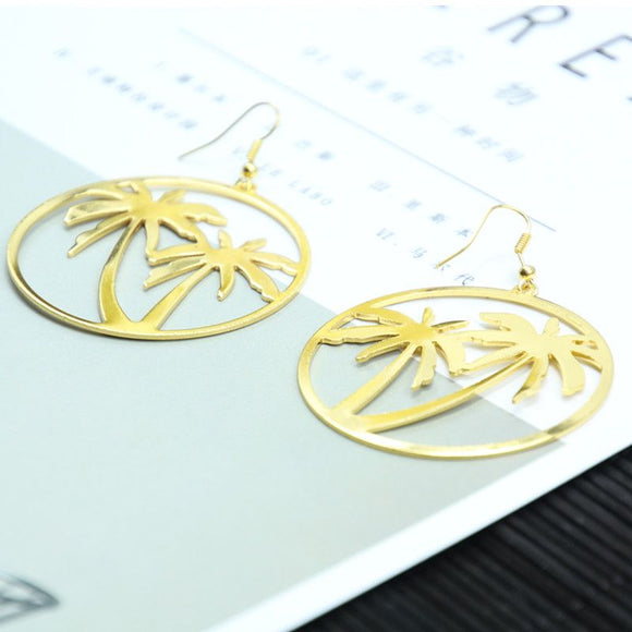 E917 Large Gold Cutout Palm Tree Earrings - Iris Fashion Jewelry