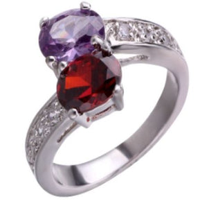 R112 Silver Purple & Red Gem Rhinestone Ring - Iris Fashion Jewelry