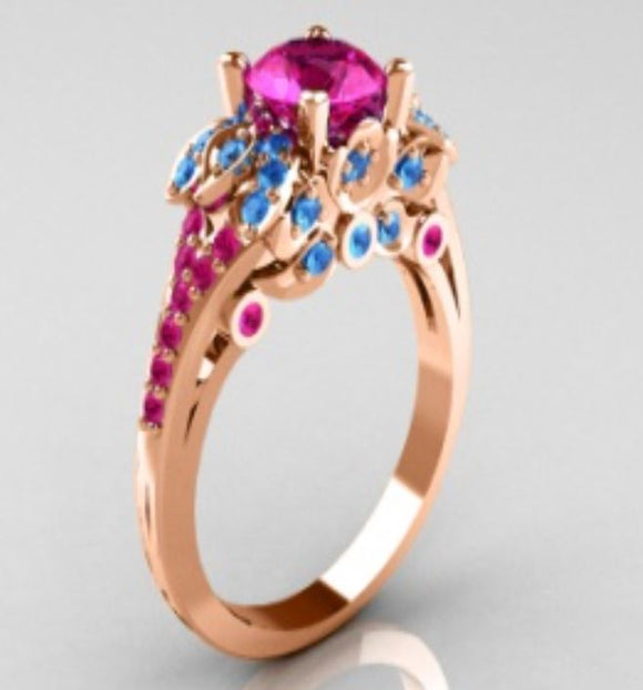 R198 Rose Gold Pink & Blue Rhinestone Ring - Iris Fashion Jewelry