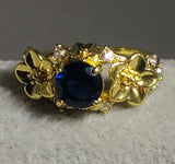 R126 Gold Blue Gemstone Flower Rhinestone Ring - Iris Fashion Jewelry