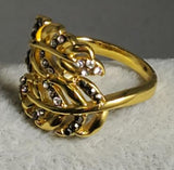 R18 Gold Crystal & Black Rhinestone Feather Ring - Iris Fashion Jewelry