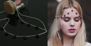 *H695 Silver Black Heart Gem Chain Headdress - Iris Fashion Jewelry