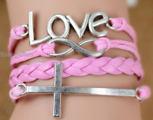 B1261 Light Pink Cross Love Layer Leather Bracelet - Iris Fashion Jewelry