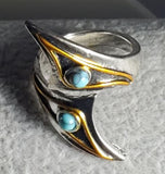 R227 Silver Turquoise Stone Gold Accent Ring - Iris Fashion Jewelry