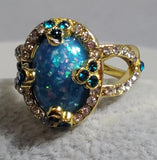 R653 Gold Blue Opalescent Gem Rhinestone Ring - Iris Fashion Jewelry