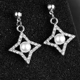 E622 Silver Rhinestone Diamond Shape Pearl Earrings - Iris Fashion Jewelry