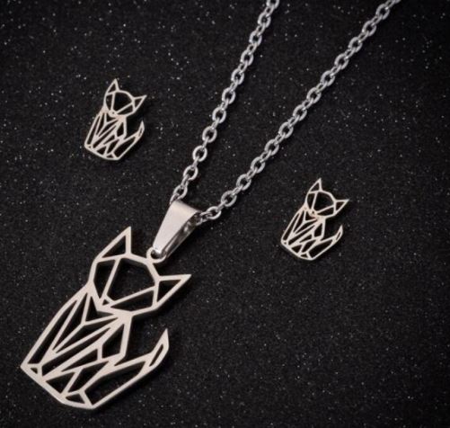 N1466 Silver Kitty Cat Stainless Steel Necklace with FREE Earrings - Iris Fashion Jewelry