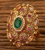 R196 Gold Pink Green Rhinestone Ring - Iris Fashion Jewelry