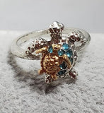 R718 Silver & Gold Blue Rhinestone Turtle Ring - Iris Fashion Jewelry