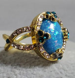 R653 Gold Blue Opalescent Gem Rhinestone Ring - Iris Fashion Jewelry