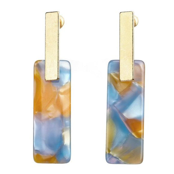 E72 Gold Acrylic Rectangle Blue Marble Design Earrings - Iris Fashion Jewelry