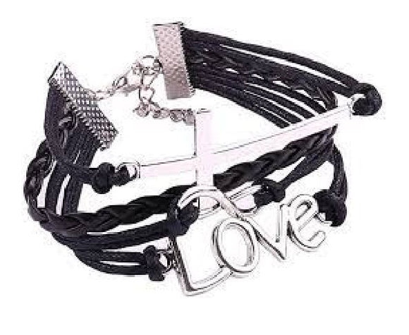 B126 Black Cross Love Layer Leather Bracelet - Iris Fashion Jewelry