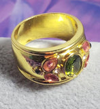 R654 Gold Green Pink Gem Ring - Iris Fashion Jewelry