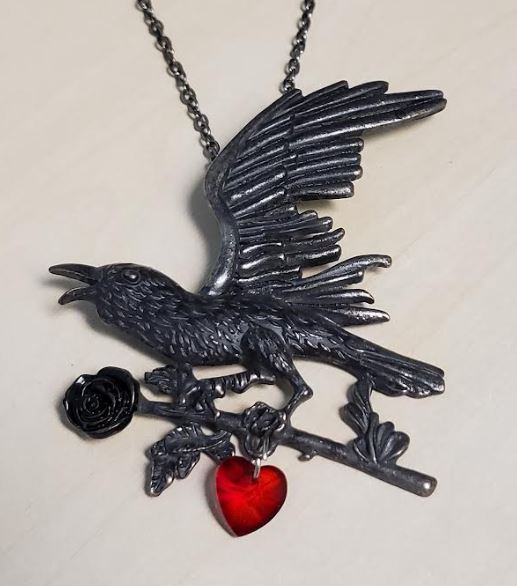 +AZ1024 Gun Metal Crow Red Heart Necklace with Free Earrings