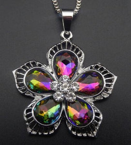 N1883 Silver Multi Color Iridescent Gemstone Flower Necklace with FREE Earrings