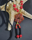 N430 Red Bead Glass Koi Fish Long Necklace With Free Earrings