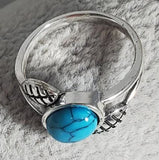 R694 Silver Turquoise Gem Leaf Ring - Iris Fashion Jewelry