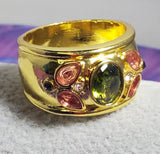 R654 Gold Green Pink Gem Ring - Iris Fashion Jewelry