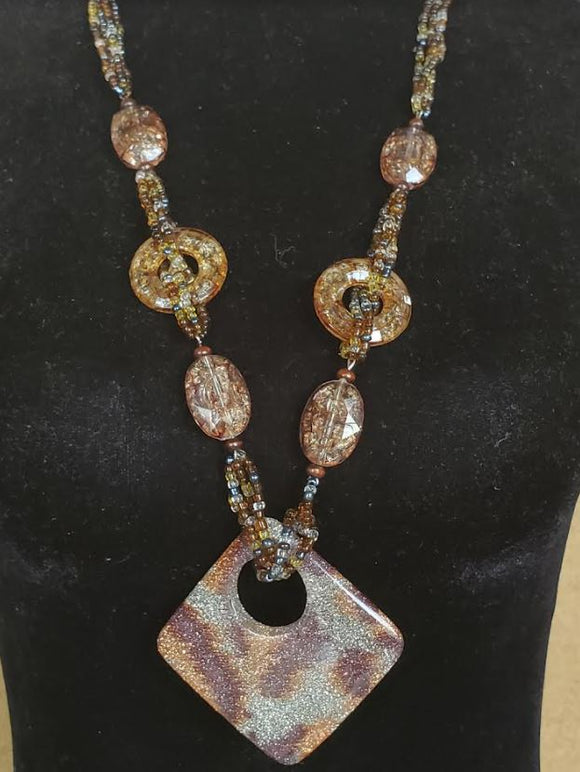 N2061 Brown Bead Glitter Square Acrylic Long Necklace With Free Earrings - Iris Fashion Jewelry