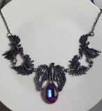 N774 Silver Raven Crow Multi Color Gemstone Necklace with Free Earrings