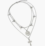 N1107 Silver Multi Layer Cross Necklace with FREE Earrings