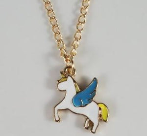 L54 Gold Baked Enamel White Blue Winged Unicorn Necklace FREE Earrings