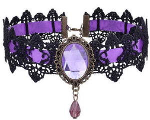 AZ874 Purple Gem Lace Choker Necklace with FREE EARRINGS