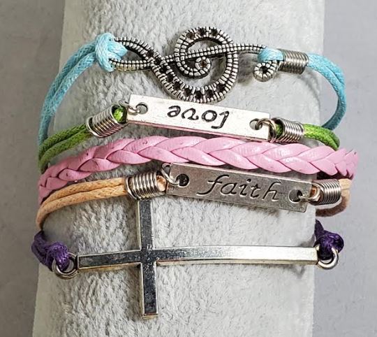 AZ192 Multi Color Cross Faith Love Music Note Leather Layer Bracelet