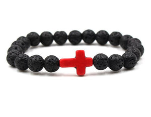 B554 Black Lava Stone Red Cross Bead Bracelet - Iris Fashion Jewelry