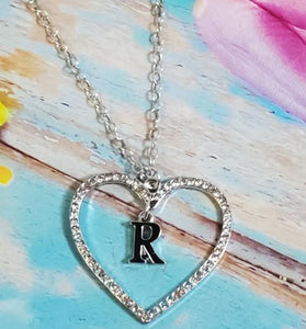 AZ236 Silver Rhinestone Heart "R" Necklace with FREE Earrings