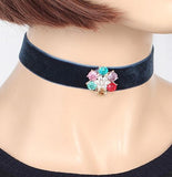 AZ1316 Multi Color Gem Black Felt Choker Necklace with FREE Earrings