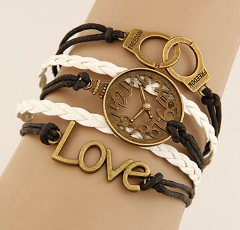B193 Black & White Clock Handcuff Leather Bracelet - Iris Fashion Jewelry
