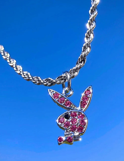N28 Silver Pink Rhinestone Bunny Rabbit Necklace with FREE Earrings - Iris Fashion Jewelry