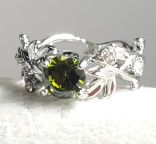 R354 Silver Vine & Leaf Light Green Gem Ring - Iris Fashion Jewelry