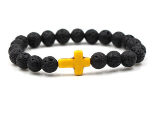 B579 Black Lava Stone Yellow Cross Bead Bracelet - Iris Fashion Jewelry