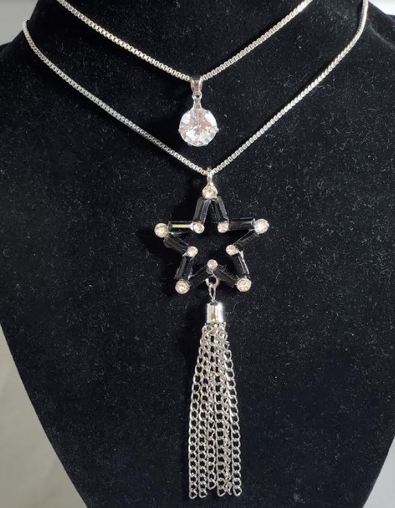 AZ71 Silver Black Star Chain Dangle Necklace with FREE Earrings - Iris Fashion Jewelry